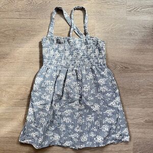 American Eagle Blue & White Plaid Floral Smocked Babydoll Dress, Large